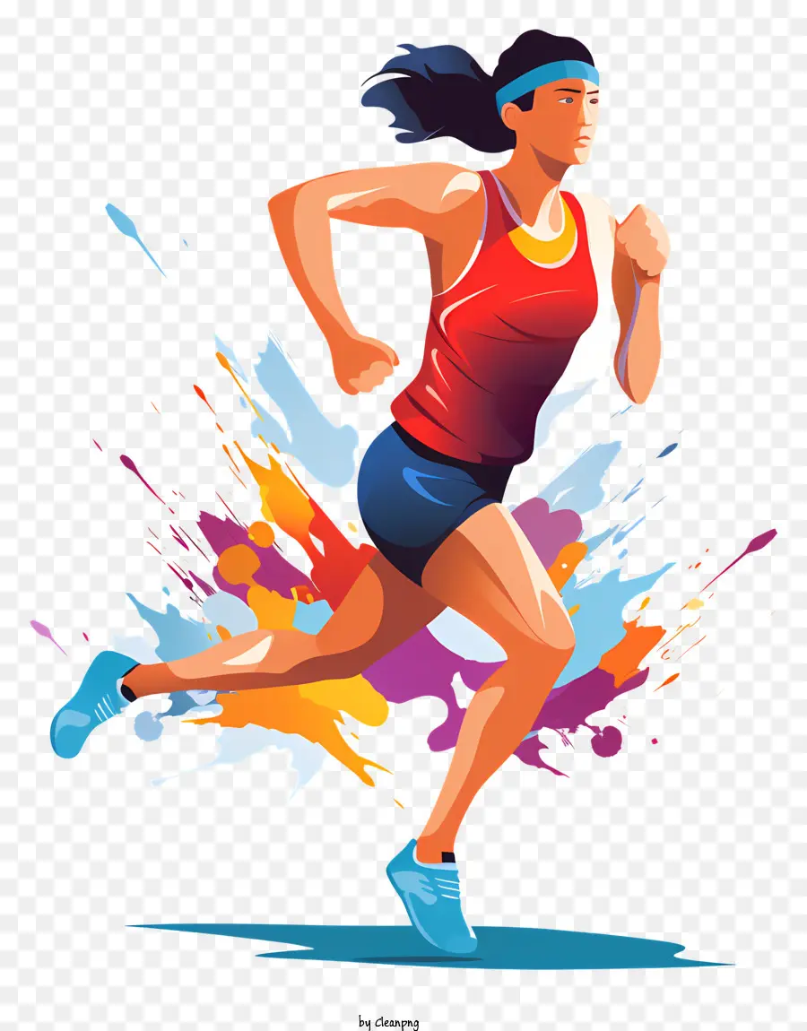 Donna che corre e abbigliamento sportivo da campo blu e rosso coda di cavallo - Donna che corre in pista, determinata e colorata