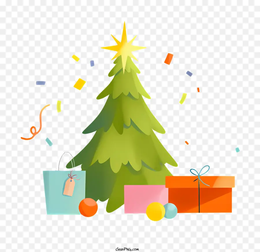 Weihnachtsbaum - Weihnachtsbaum mit Geschenken, roter Bogen, Konfetti