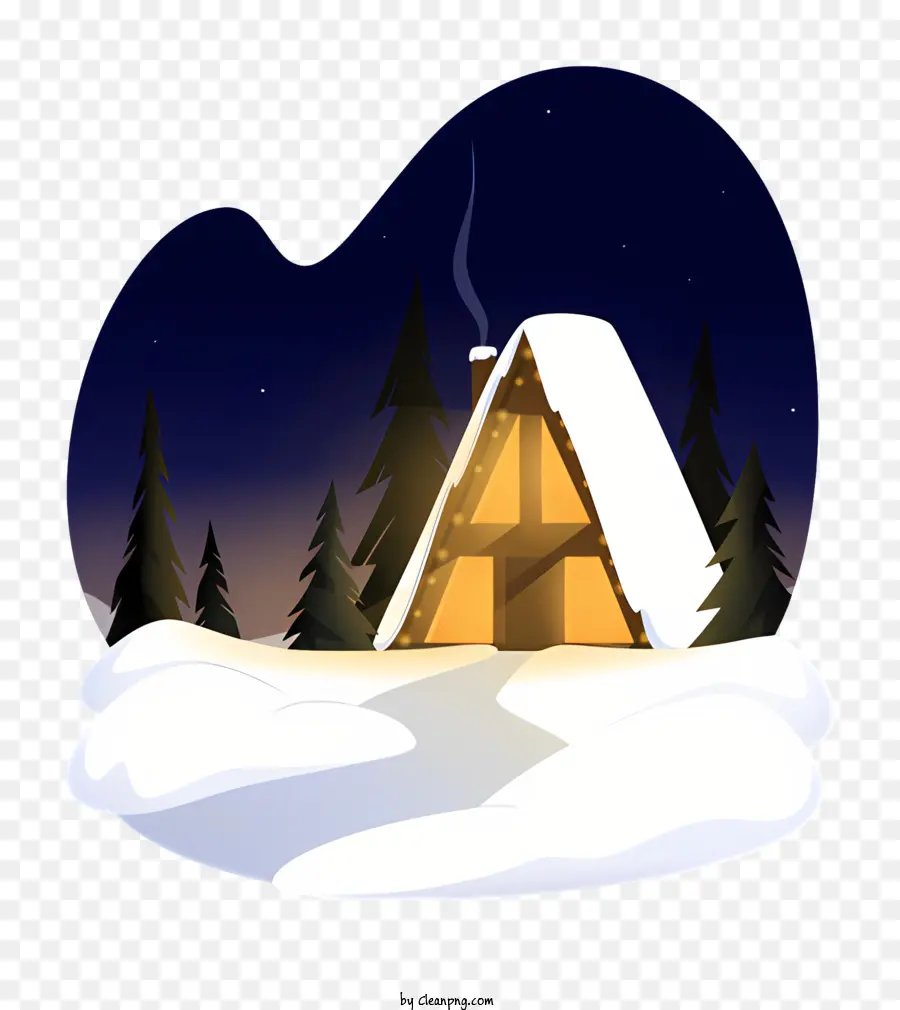 Kleine Holzkabinenschnee -Wald -Nachtszene auf dem Dach Holzfenster - Kleine Hütte im schneebedeckten Wald in der Nacht