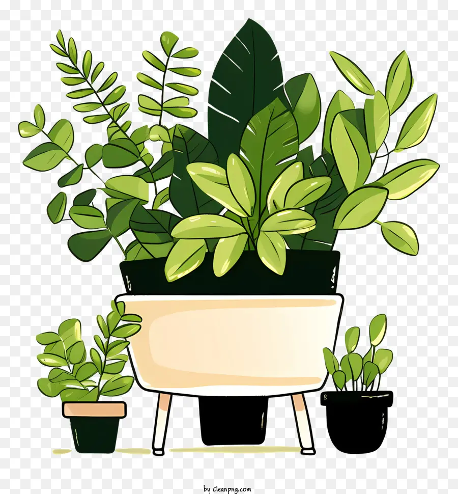 Topfpflanze grüne Blätter kleiner Blätter Tisch mit hölzernen Beinen Cartoonstil - Cartoonbild von Topfpflanzen am Tisch
