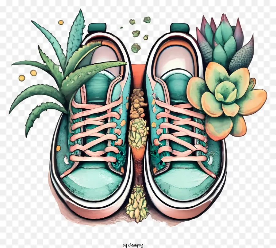 Giày thể thao màu xanh lá cây Succulent Cacti Giày thể thao thời trang và thực vật - Giày thể thao màu xanh lá cây sôi động được bao quanh bởi các loài mọng nước và xương rồng
