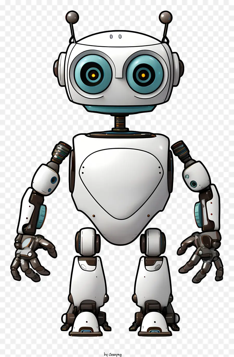 Robot White and Black Blue Oyes Grand Mouth in piedi su due gambe - Robot bianco e nero sorridente con caratteristiche blu
