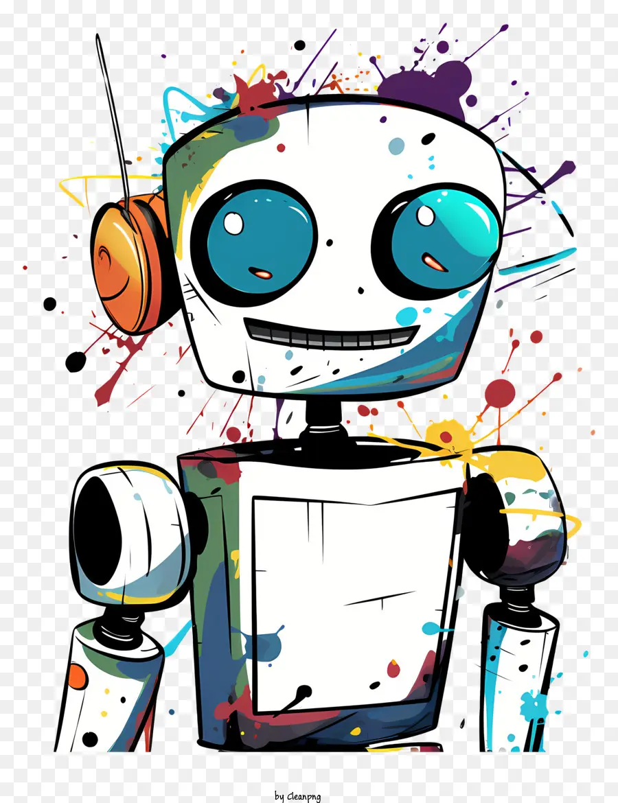 Tai nghe robot nhân vật hoạt hình mỉm cười với bức tường lộn xộn - Robot hoạt hình đầy màu sắc với tai nghe phía trước bức tường splatters