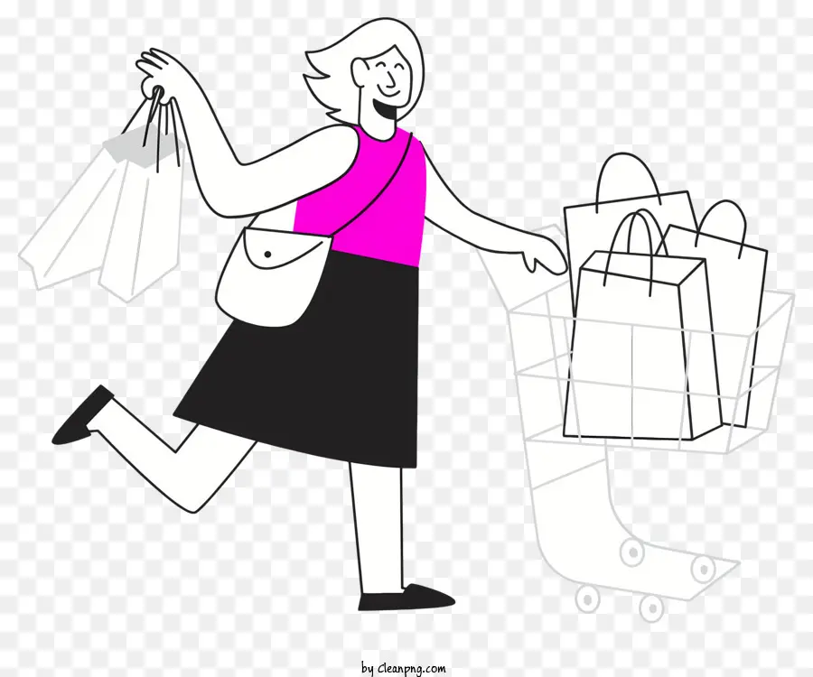 Warenkorb - Realistische Darstellung von Frau, die einen Einkaufswagen schiebt