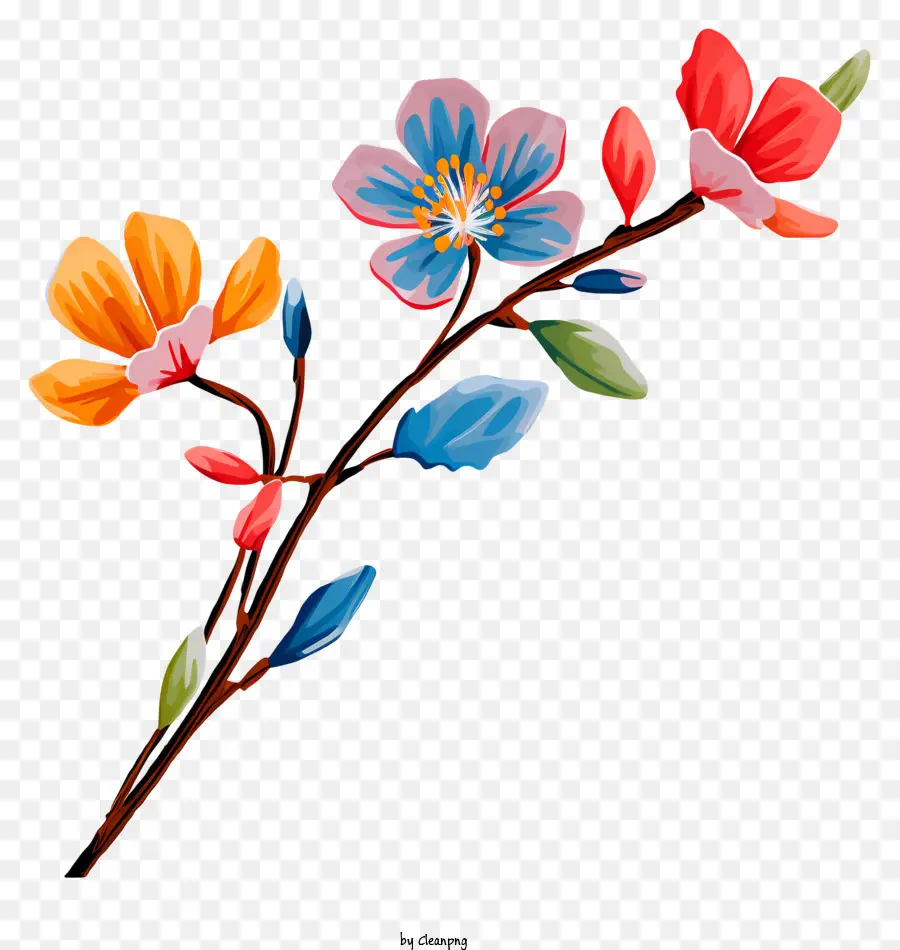 Zweig mit Blumen farbenfrohe Blumen rote Blüten Blaue Blüten gelbe Blüten Blumen - Farbenfrohe Blumen am Zweig vor schwarzem Hintergrund