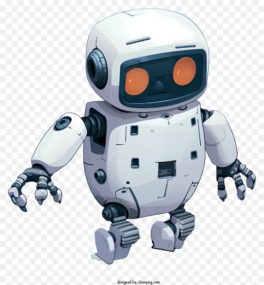 white robot orange eyes large fists open hands standing robot