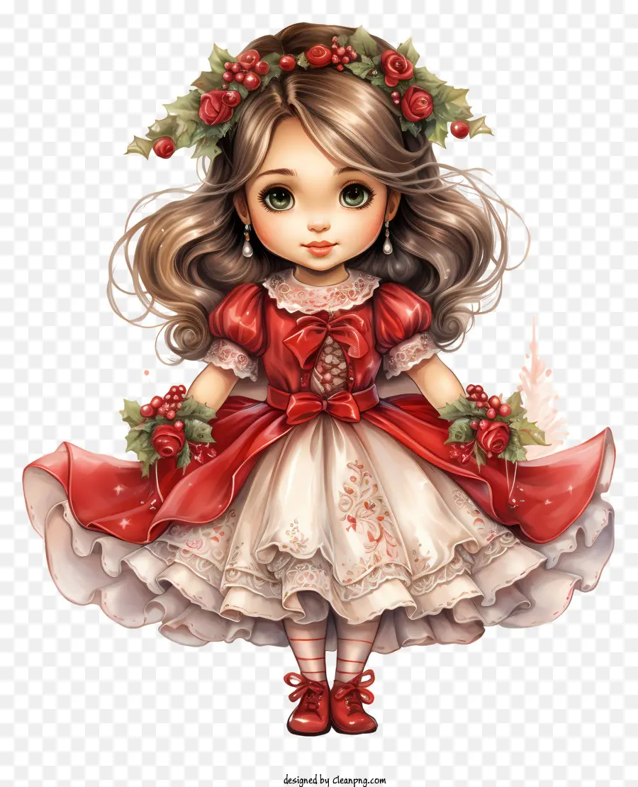 young girl red and white dress holly wreath white apron red trim and ribbon