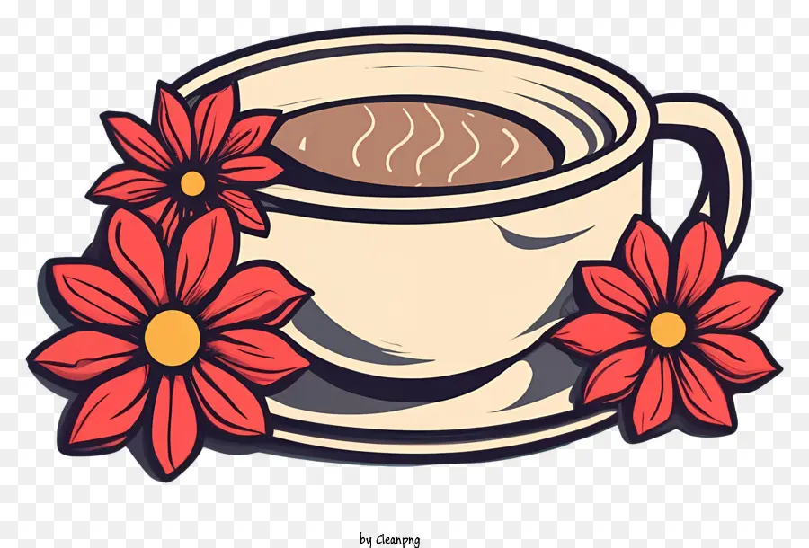 tazza di caffè - Tazza di caffè a fiori rossa su piattino marrone
