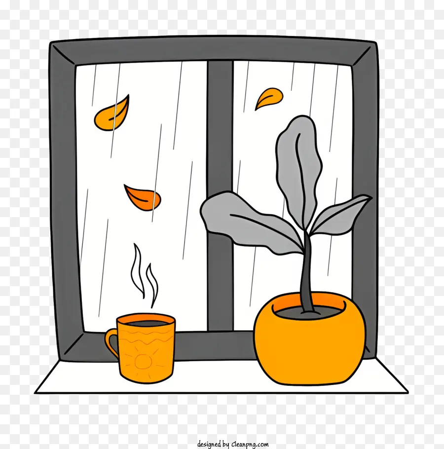 Kaffeetasse - Zeichnung des Fensters mit Pflanze, Kaffee, Regen. 
Herbstthema