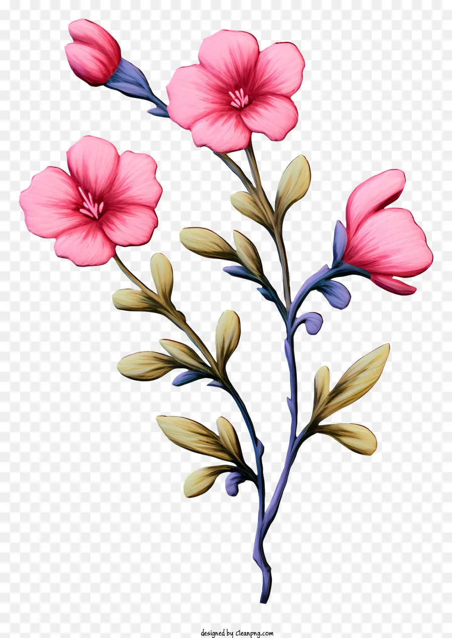 Rosa Blumen grüne Blätter stamm realistische Blumen lebendige Farben - Nahaufnahme realistischer rosa Blüten mit grünen Blättern