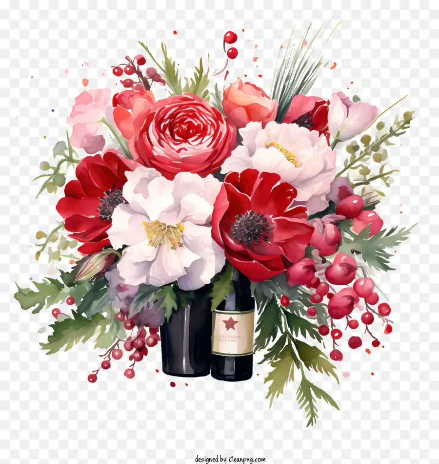 Bức tranh màu nước Bouquet Red và White Flowers - Bức tranh màu nước của bó hoa lãng mạn với hoa đỏ và trắng
