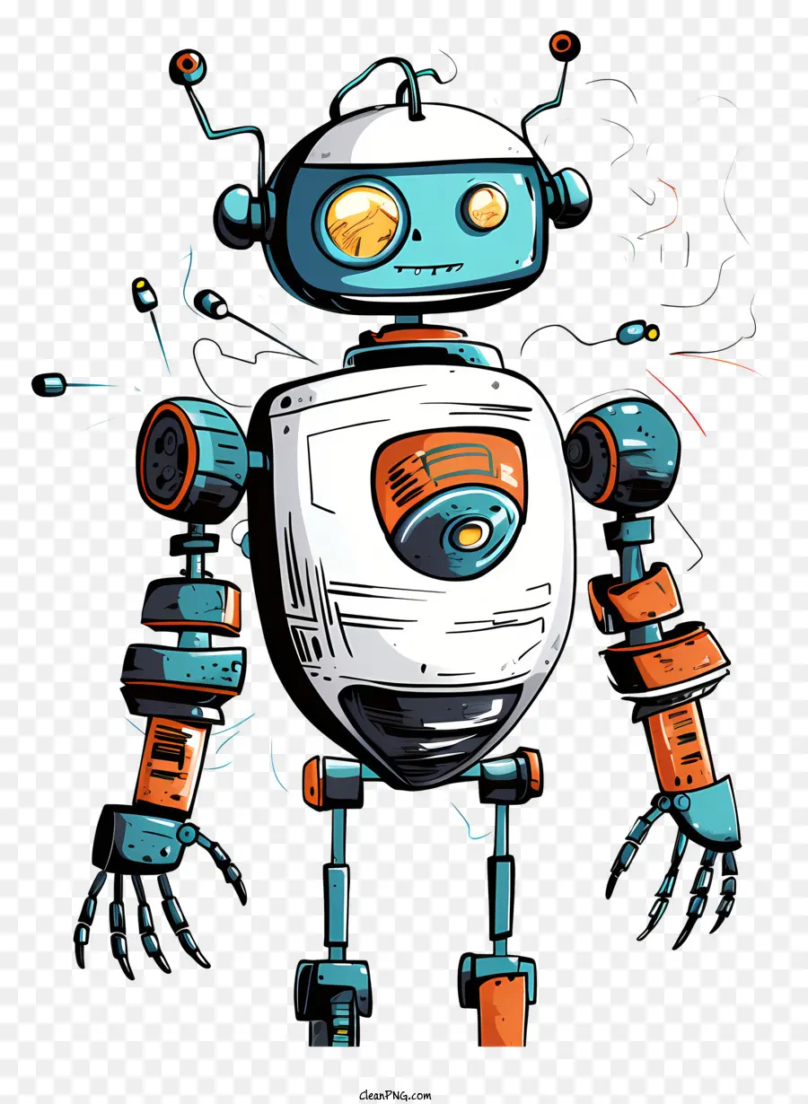 robot with multiple joints robot with open mouth robot wearing glasses robot with glowing red eye robot standing on two legs