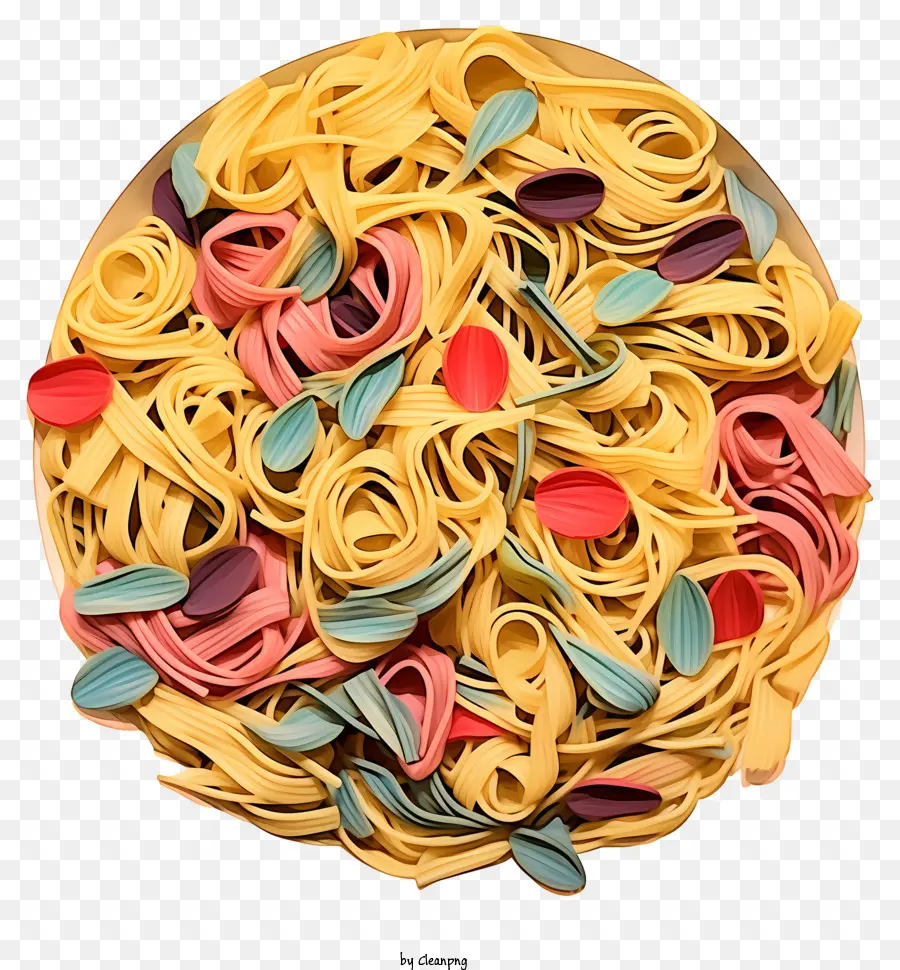Pasta -Gerichte Fettucini Penne Spaghetti -Gewürze - Verschiedene Nudelgerichte auf einem farbenfrohen Teller