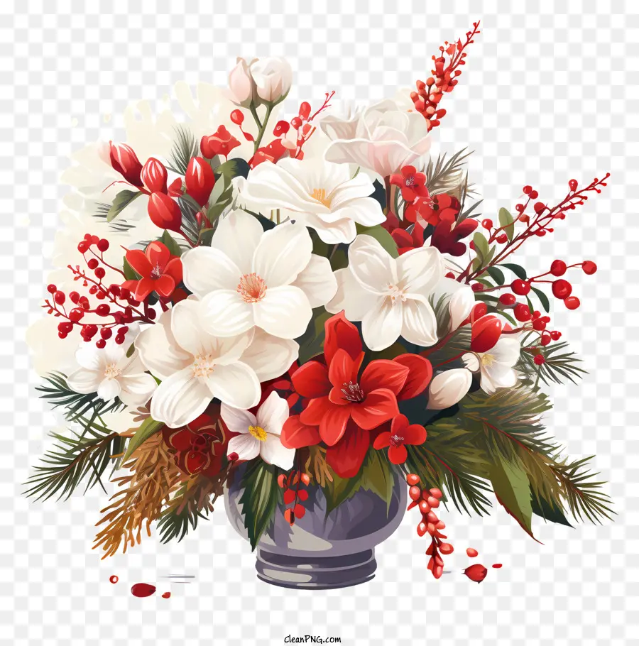 parole chiave vaso fiori bianchi bacche rosse foglie verdi - Un vaso di fiori bianchi e rossi con bacche e foglie su uno sfondo nero