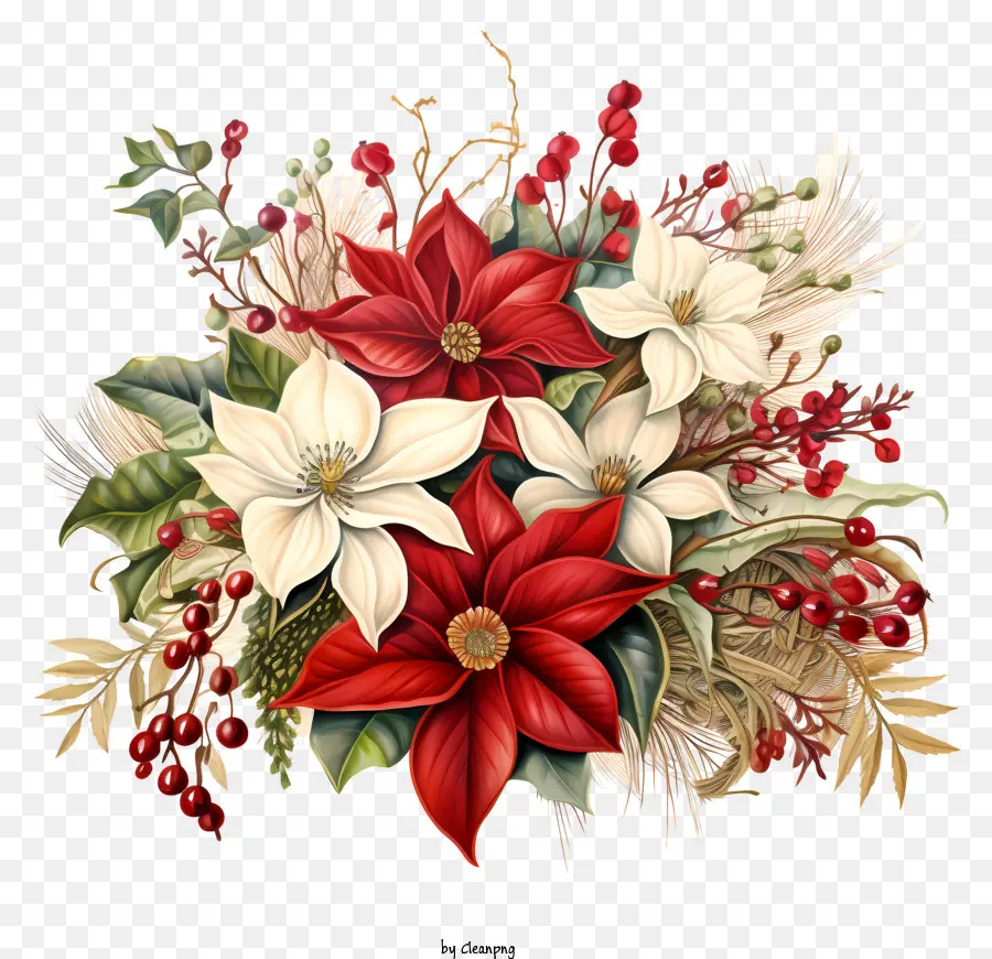 Weihnachten Blumen - Traditionelle Kunst zeigt rote Weihnachtsstern, weiße Lilien und Kiefernkegel