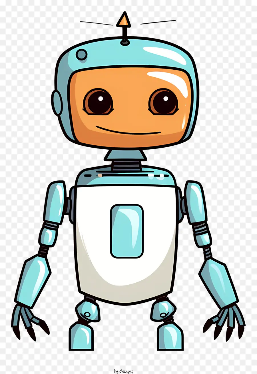 cartoon robot white and blue outfit smiling robot blue hat extended arms