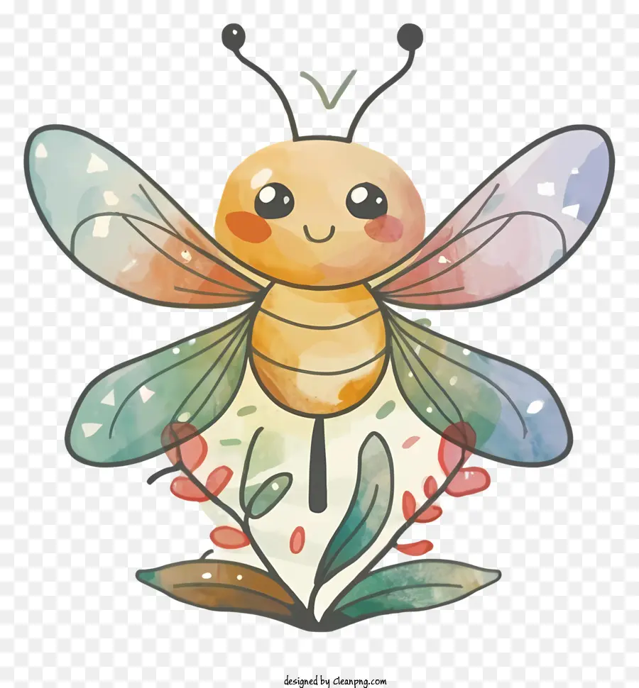 cartoon Biene - Bunte Cartoonbiene mit Flügeln auf Blume ausgebreitet