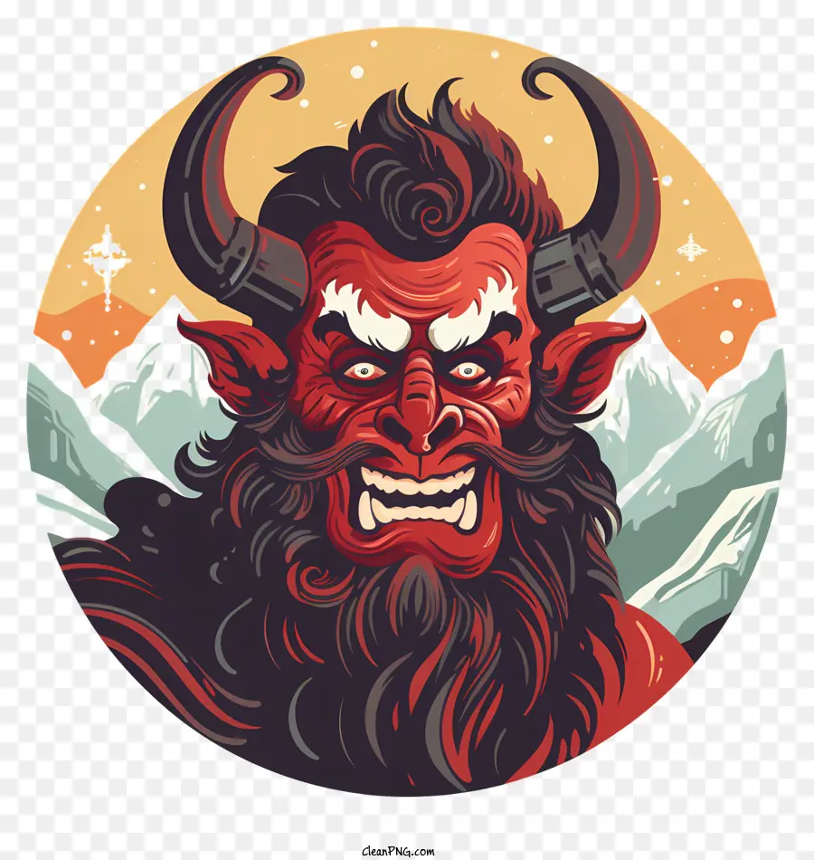 demon horns sharp teeth red-colored snowy mountains