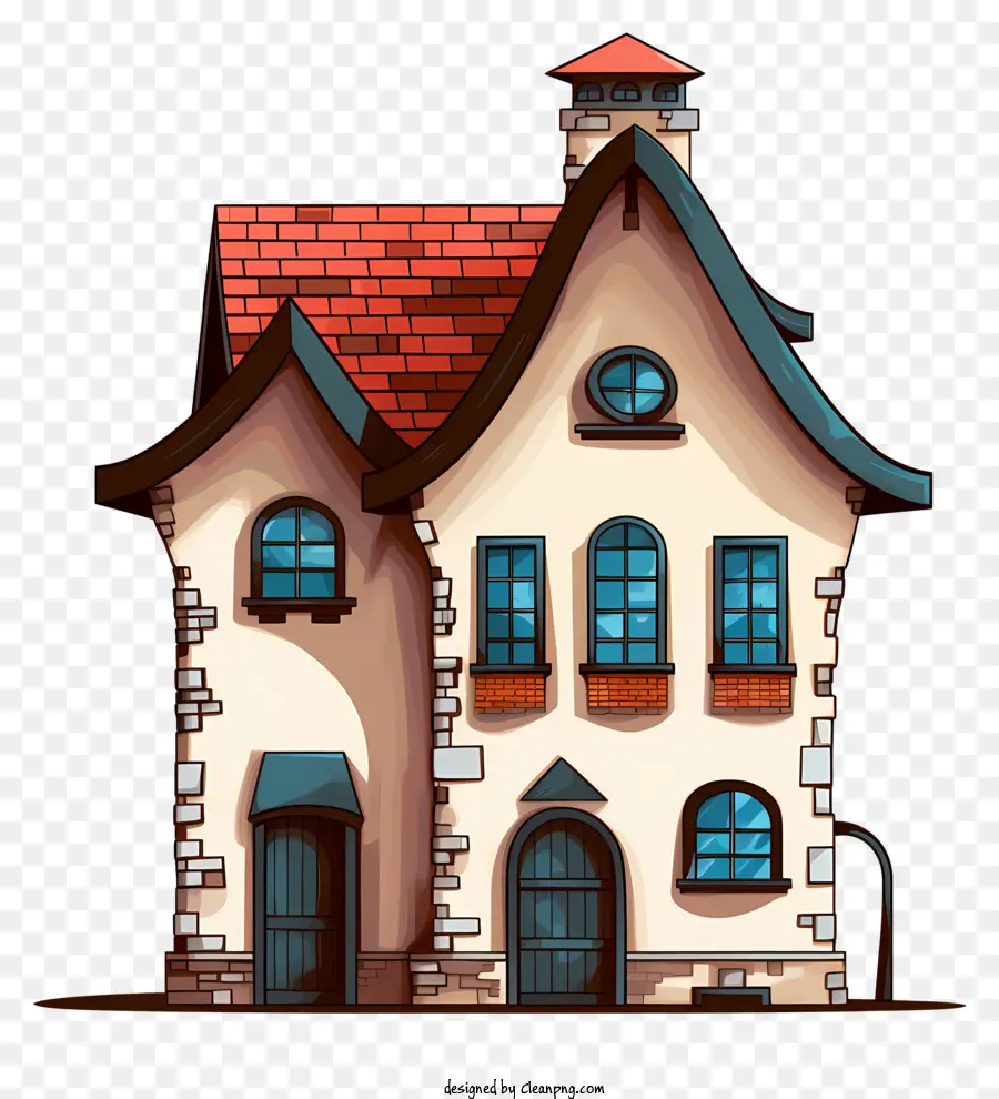 stone house red tiled roof arched window large windows balcony