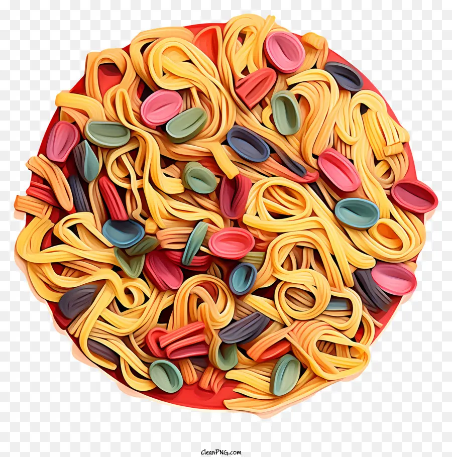 spaghetti noodles piastra rossa piastra ceramica diversi colori e forme simmetriche - Primo piano di spaghetti di spaghetti colorati su piatto in ceramica