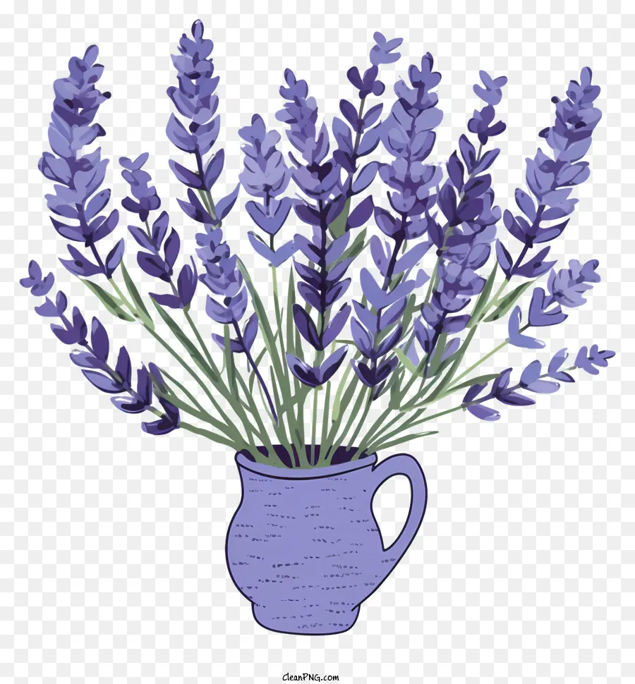 Lavendelblumen Blaue Keramikvase Caskading Blumenarrangement Griff auf Vase Blue Blumen - Nahaufnahme der blauen Keramikvase mit kaskadierenden Lavendelblumen auf schwarzem Hintergrund
