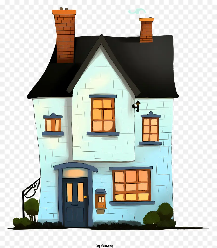 Piccola casa bianca e blu casa lanciata tetto a tetto finestre tetto - Piccola casa bianca e blu su sfondo nero