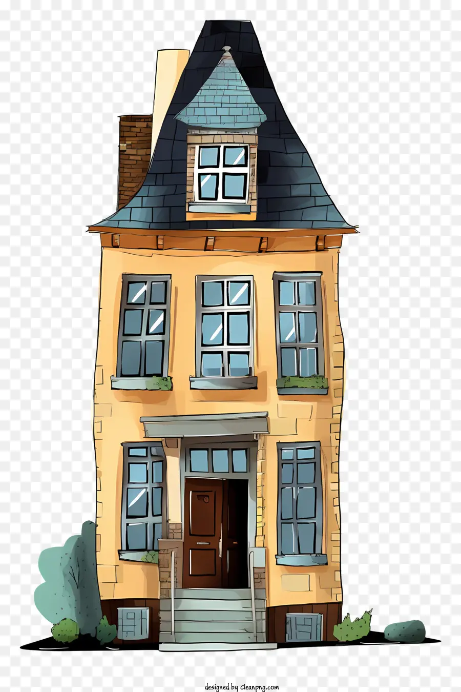 casa a due piani a tre piani di veranti piccoli veranti finestre - Casa a due piani con piccolo portico e balcone. 
Mattoni gialli, niente alberi nelle vicinanze