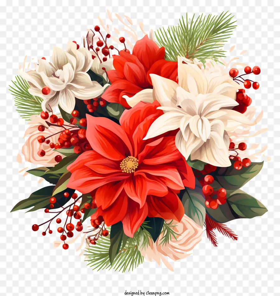 Blumenstrauß rote und weiße Blüten Grün Beeren Weihnachtsstern - Blumenstrauß rot -weißer Blumen auf schwarzem Hintergrund
