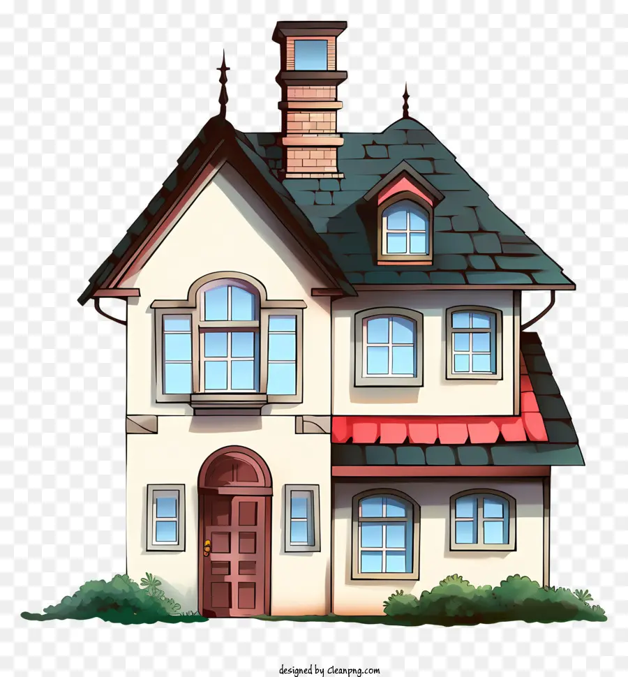 small house two-story house sloping roof dormer windows red brick exterior
