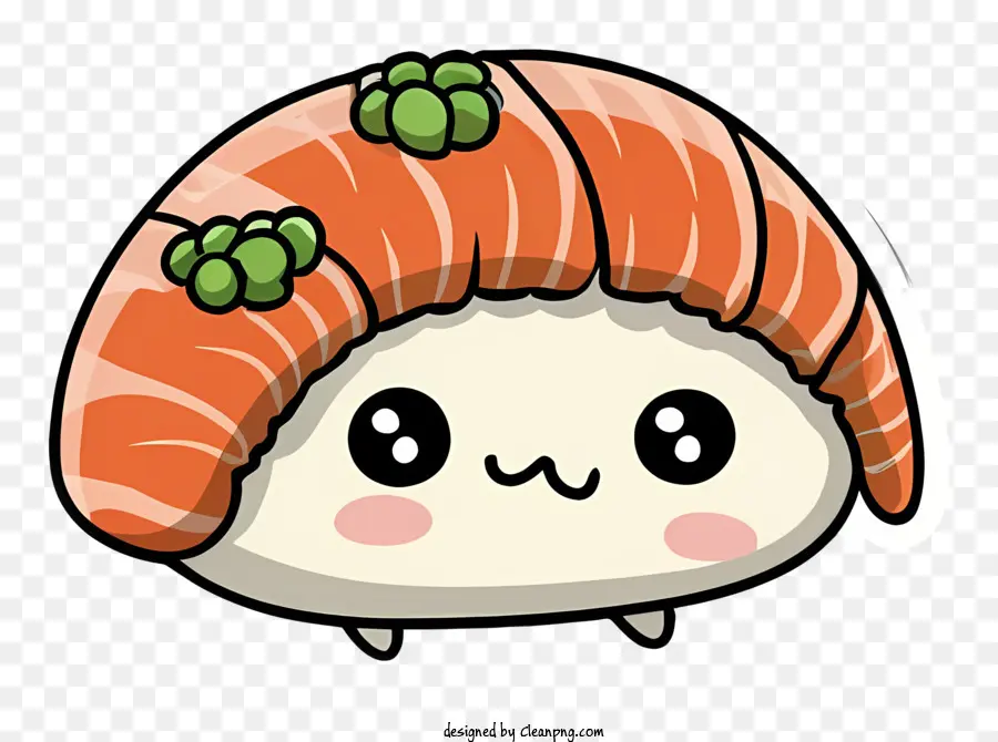 Cartoon Sushi Roll Kawaii Charakter große runde Augen kleine Nase und Mundgrünen Blätter - Ein Kawaii -Charakter, mit grünen Blättern verziert