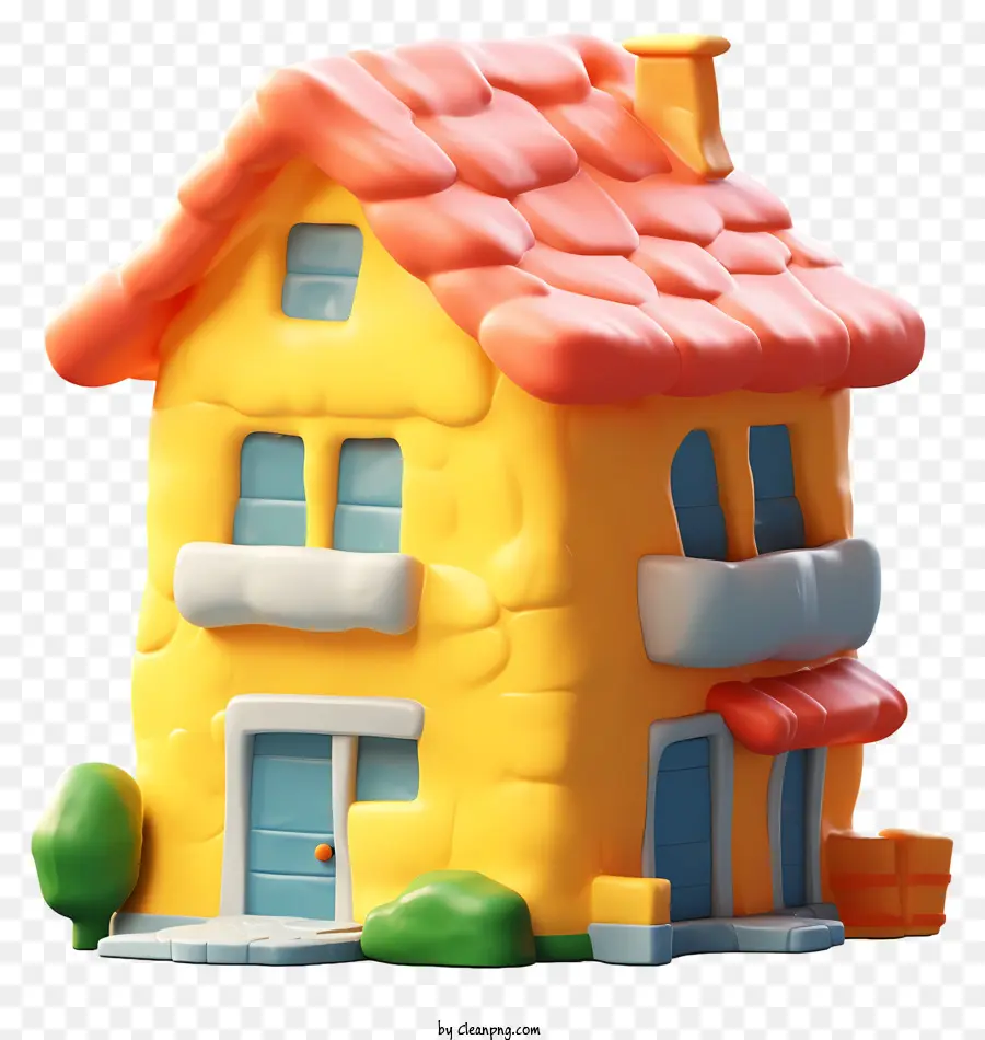 cartoon house plastic house yellow exterior red roof white chimney