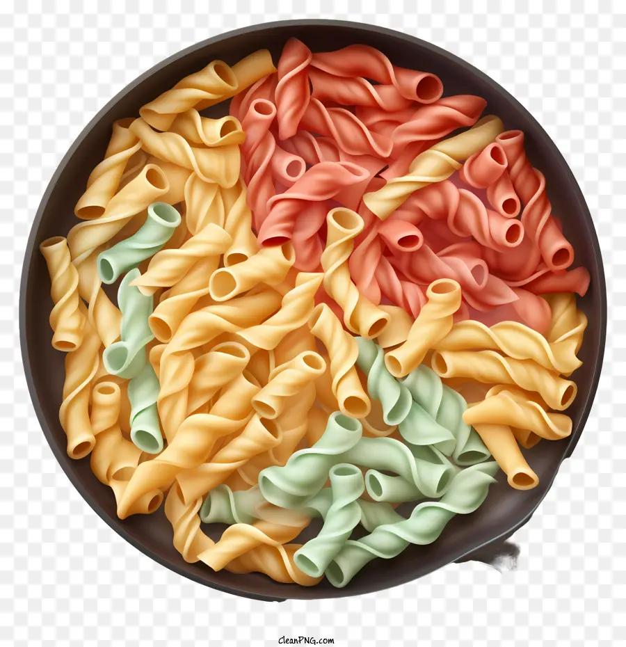 Spaghetti Nudelschale von Spaghetti -farbigen Nudeln zufälliger Muster visueller Anziehungskraft - Bunte Spaghetti -Pasta in einer schwarzen Schüssel