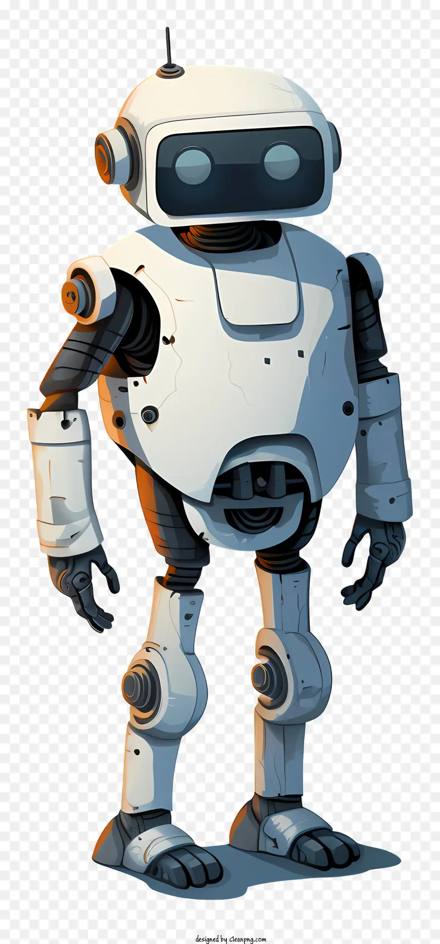 arancione - Robot umanoide arancione con occhi neri, vestiti bianchi e posa curiosa. 
Composizione colorata, luminosa e curiosa con illuminazione naturale