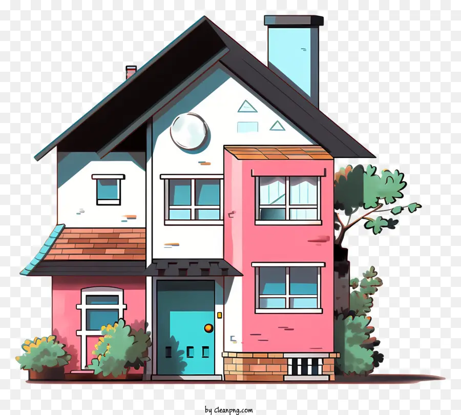 Nhà hai tầng màu hồng và nhà Trắng trang trí màu xanh và cửa sổ cây nhỏ ở phía trước khu phố yên tĩnh - Nhà màu hồng và nhà trắng trống rỗng theo phong cách truyện tranh