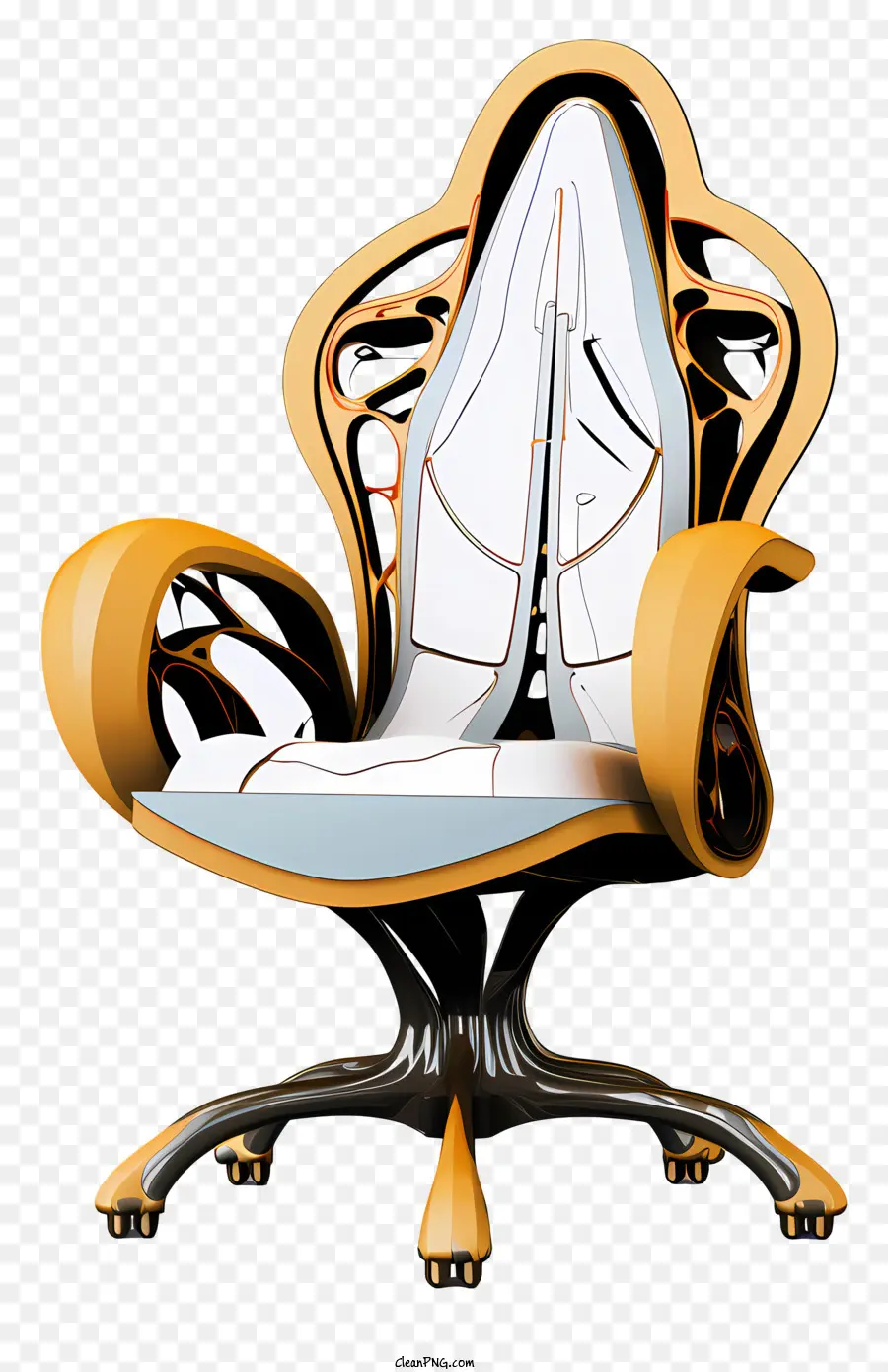 futuristic office chair white and gold design black accents curved back and seat golden trim