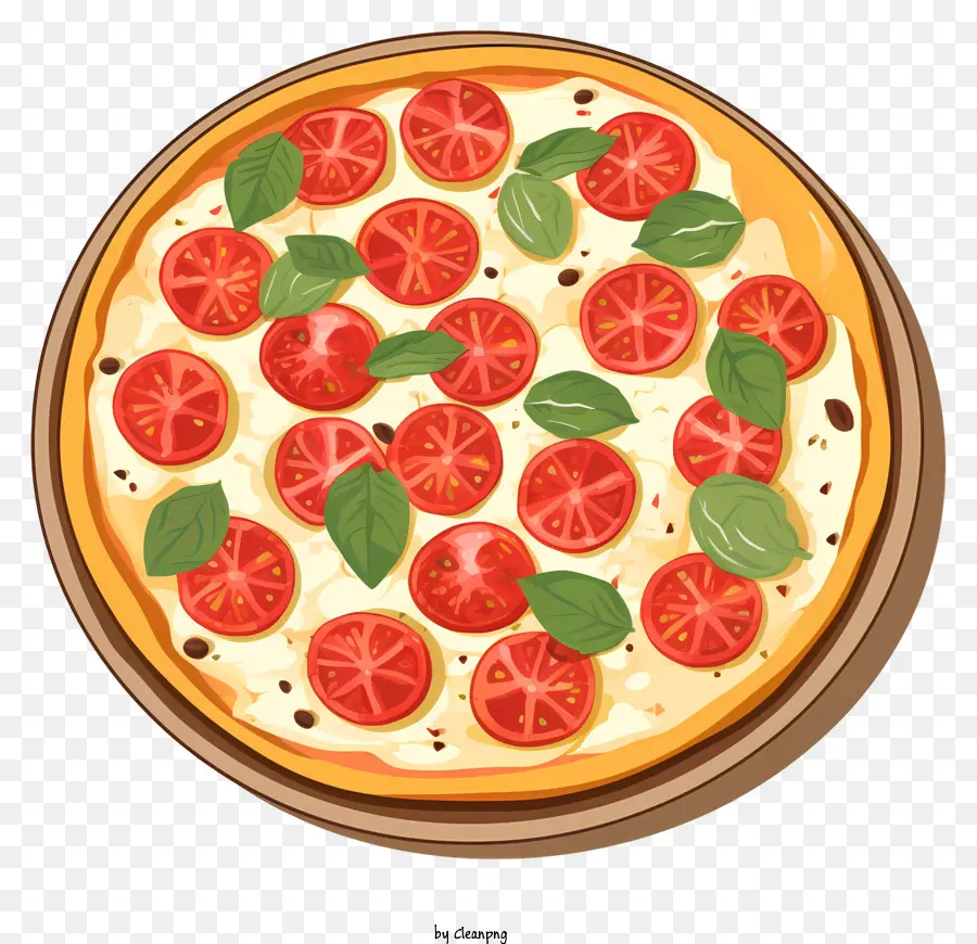 Pizza -Tomatensauce Mozzarella Käse geschnittene Tomaten Basilikumblätter - Scheibe Pizza mit Tomate, Käse, Basilikum