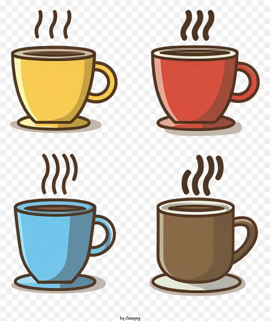 Kaffee - Vier dampfende Tassen Kaffee auf der schwarzen Oberfläche