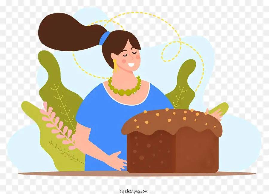 Frau Blaues Hemd Blauer Rock großer Kuchen Zuckerguss - Frau mit blauem Outfit bewundern großen Kuchen
