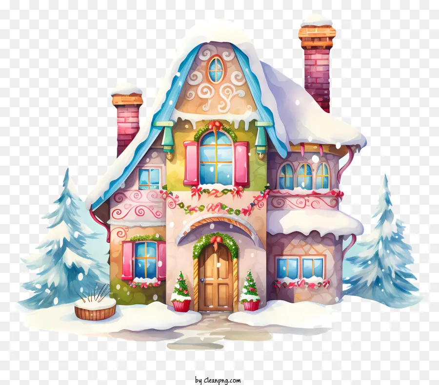 Scena invernale in stile pan di zenzero alberi innevati da pino aghi di paglia tetto - Scena invernale con la casa di pan di zenzero nella foresta innevata