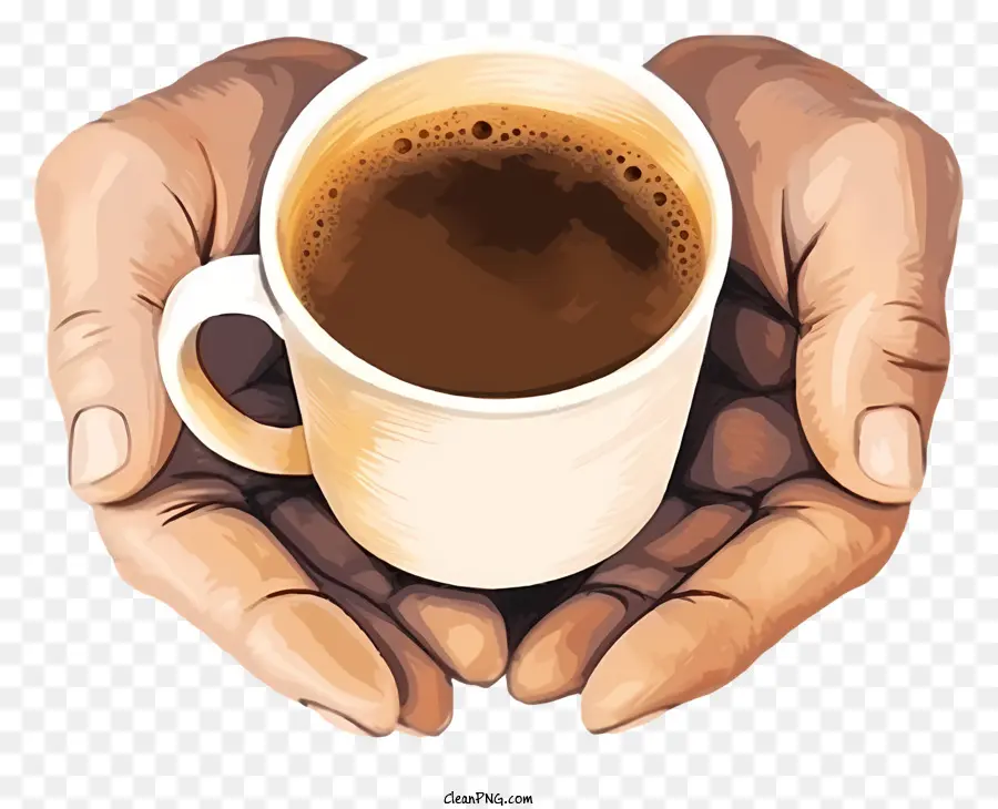 Kaffee - Realistische Zeichnung von Händen, die Kaffeetasse halten