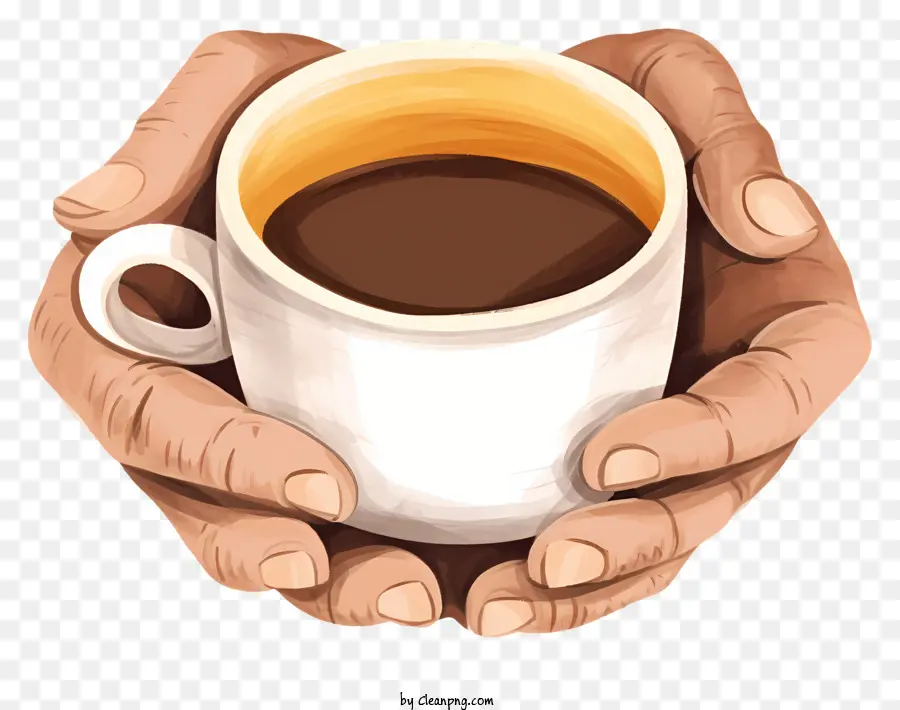 Mani che tiene la tazza di caffè bianca di caffè di dita di rappresentazione vitale. - Le mani tengono la tazza di caffè, sfondo nero contrastato