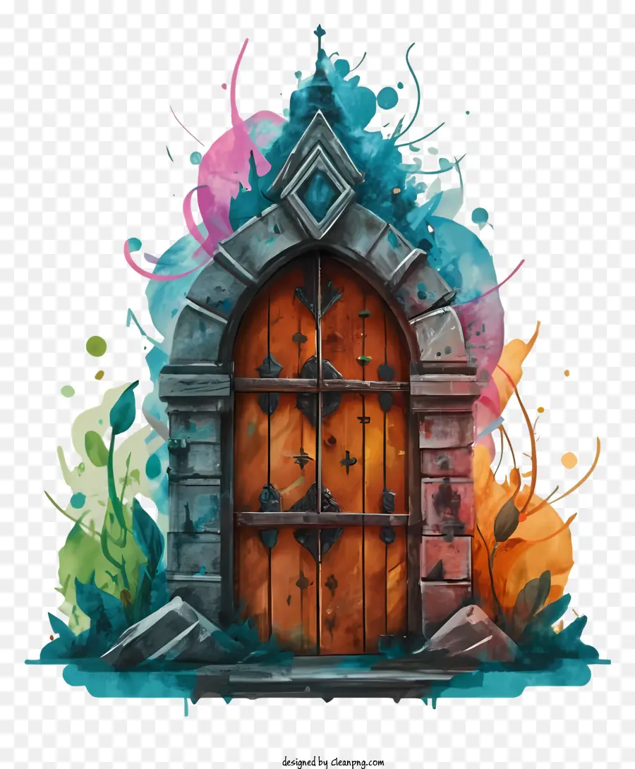 painted door door with paint splatters colorful interior mysterious building interior paint spattered walls