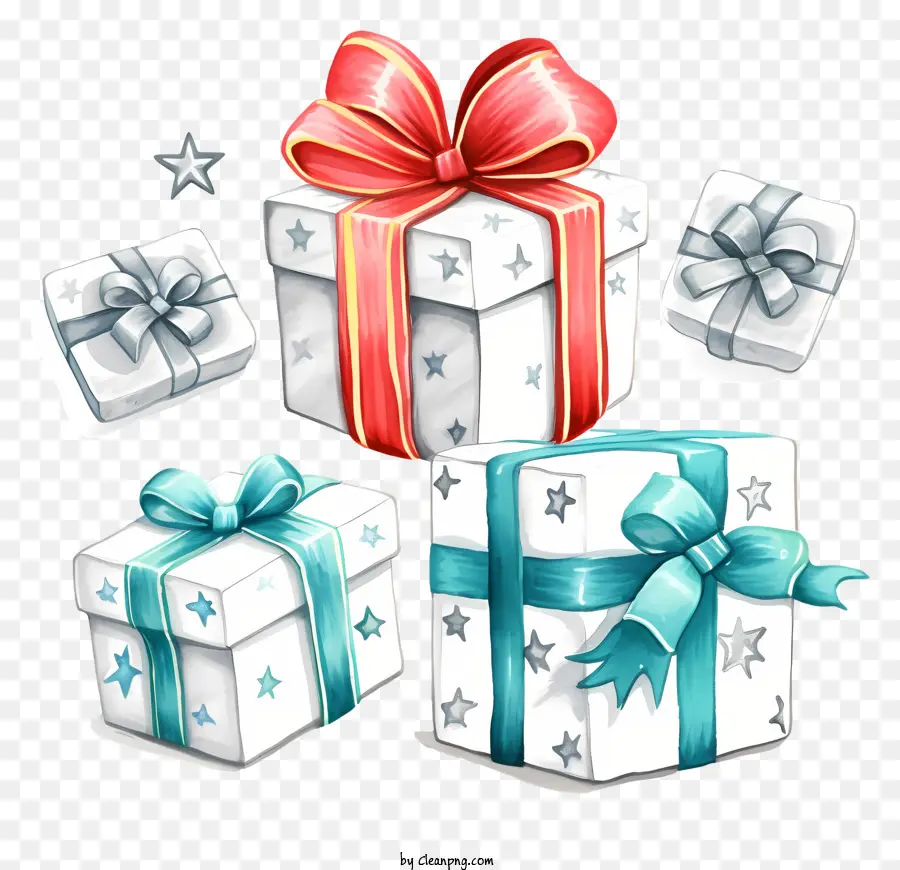 Weihnachtsgeschenke - Dekorierte Geschenkboxen mit Bändern, Schneeflocken und Stern