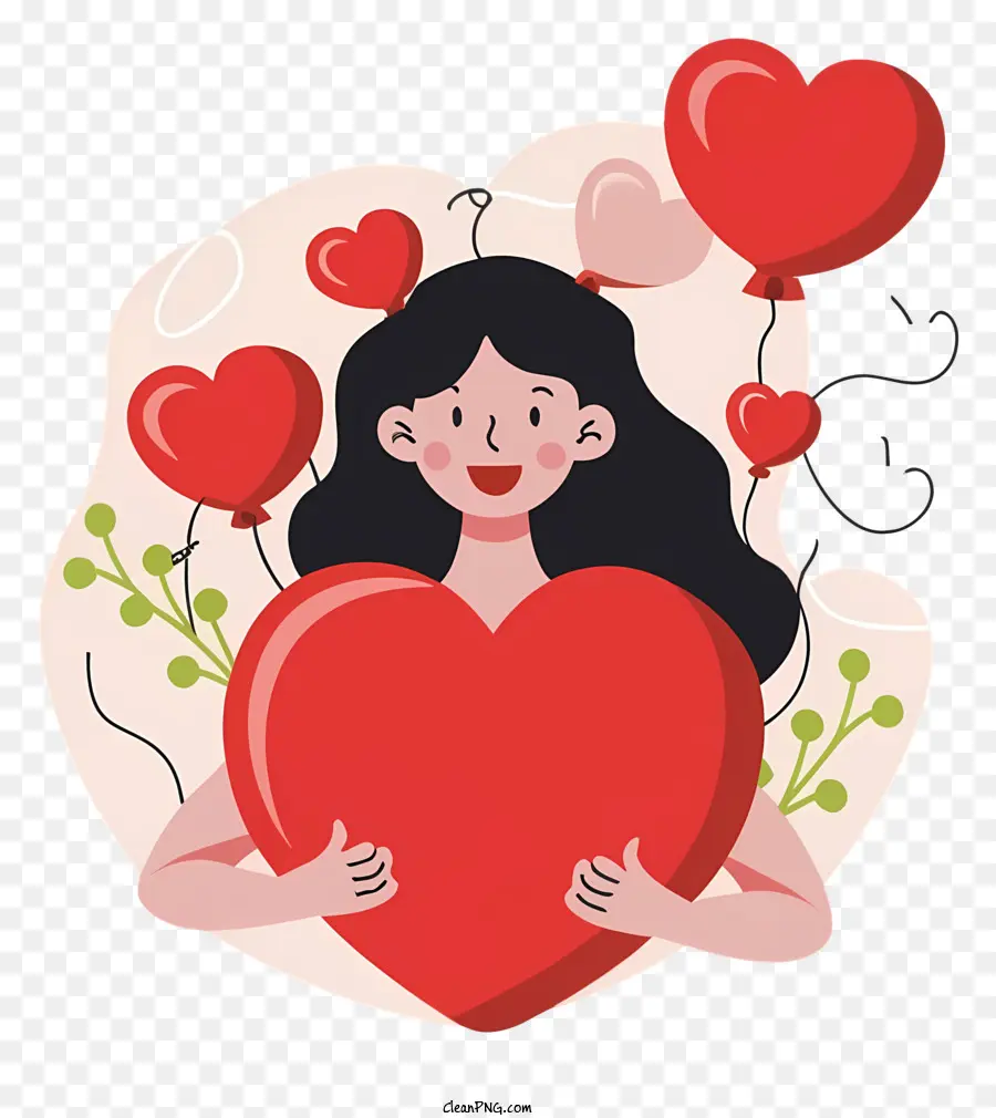 người phụ nữ trái tim yêu yêu tươi cười - Người phụ nữ giữ trái tim lớn màu đỏ được bao quanh bởi trái tim nhỏ và hoa trên nền đen