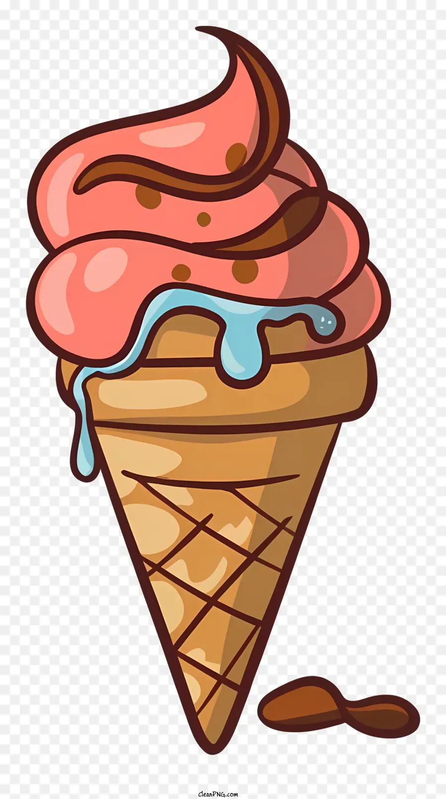 rosa Eiscreme -Kegelschokolade und cremefarbene Eis tropfende Eiscreme -Top -Sweet Leckereien - Rosa Eiskegel mit Schokolade und Sahne