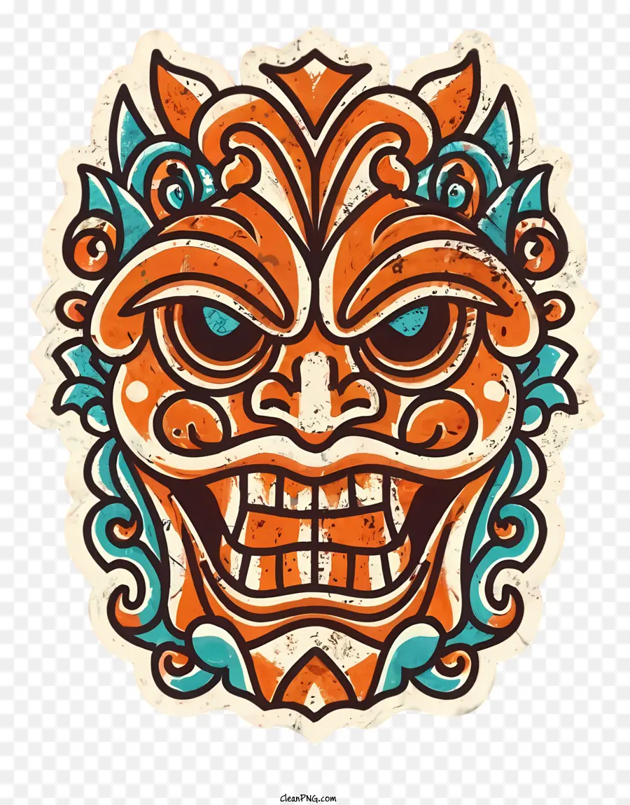 smiling face fierce expression intricate patterns colorful ornaments bright colors