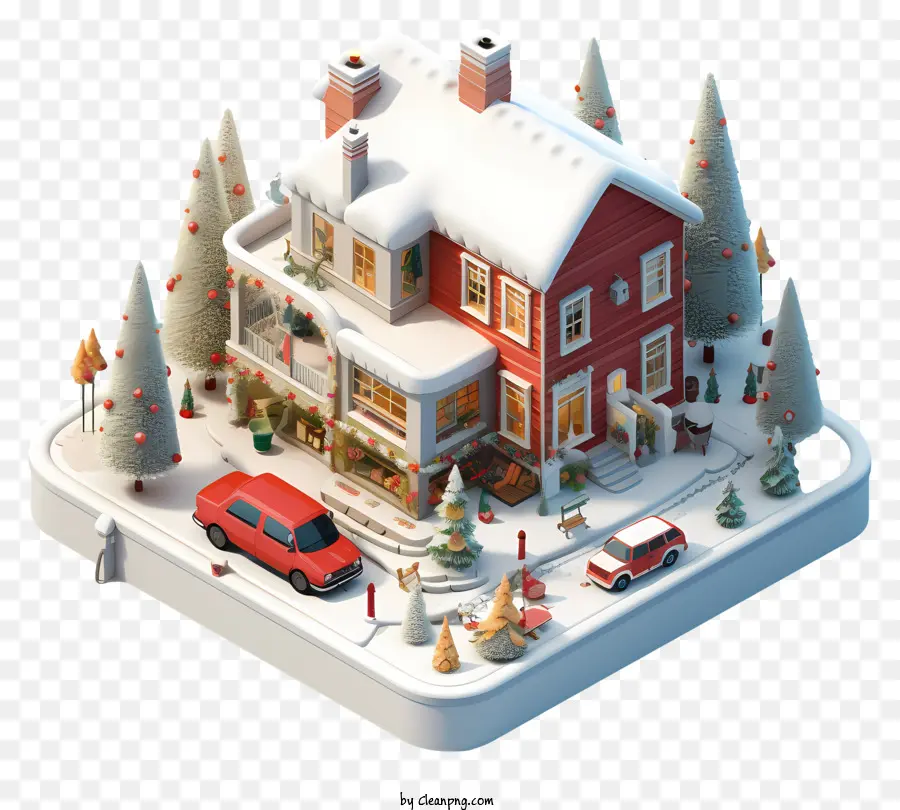 cây thông - Ngôi nhà gạch đỏ với tuyết và xe hơi
