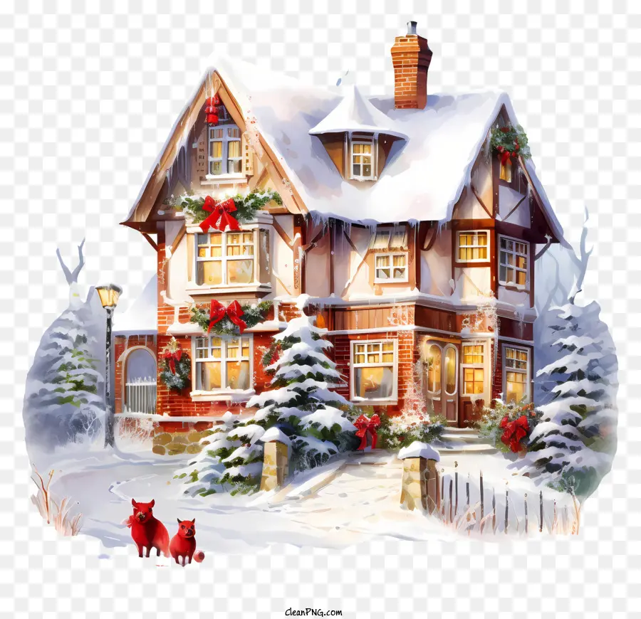đồ trang trí giáng sinh - Cảnh Giáng sinh có tuyết với ngôi nhà và rừng được trang trí