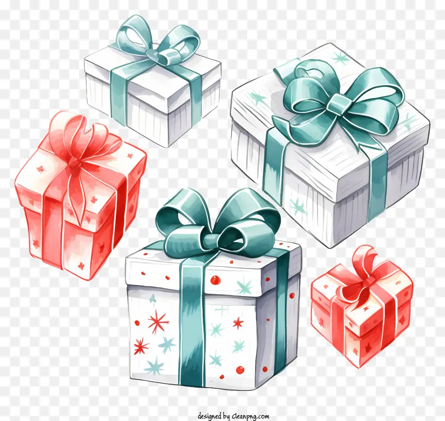 Weihnachtsgeschenke - Vier glänzende Geschenkboxen mit bunten Dekorationen