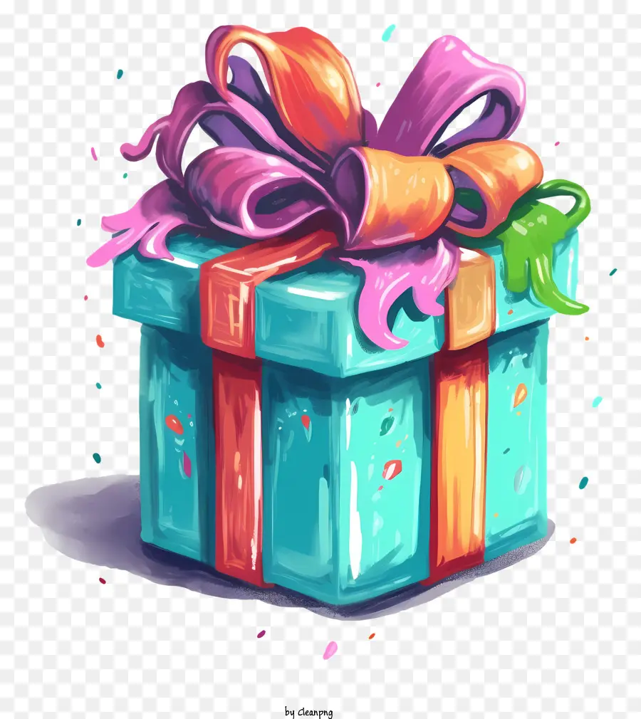 Geschenkbox - Farbenfrohe Geschenkbox mit grünem Bogen auf schwarzem Hintergrund